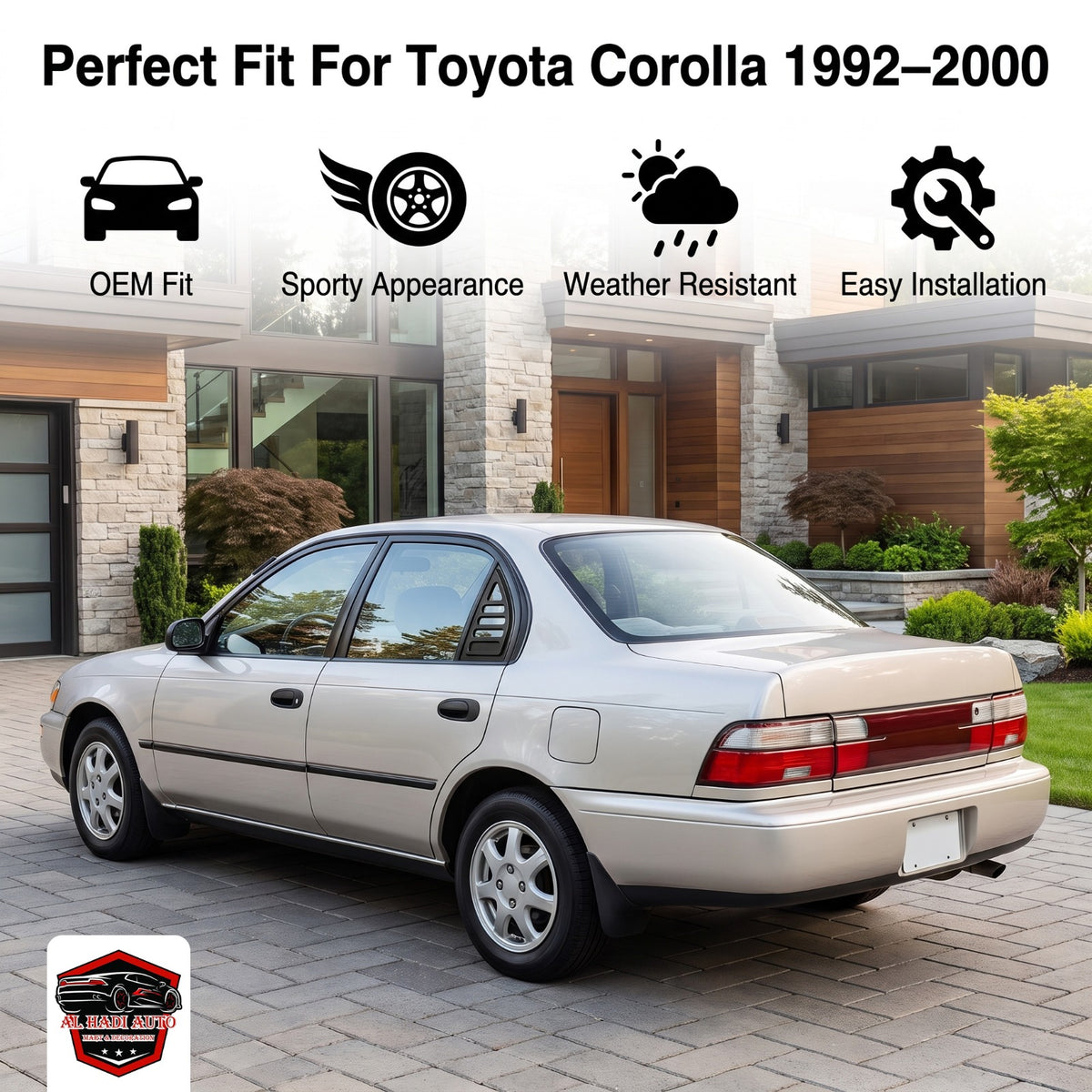 Toyota Corolla 1992-2000 Side Window Louvers | Rear Quarter Glass Louvers | Compatible with Toyota Corolla 1992, 1993, 1994, 1995, 1996, 1997, 1998, 1999 & 2000 Models | Stylish ABS Plastic Window Vent Covers | Easy Installation | Black